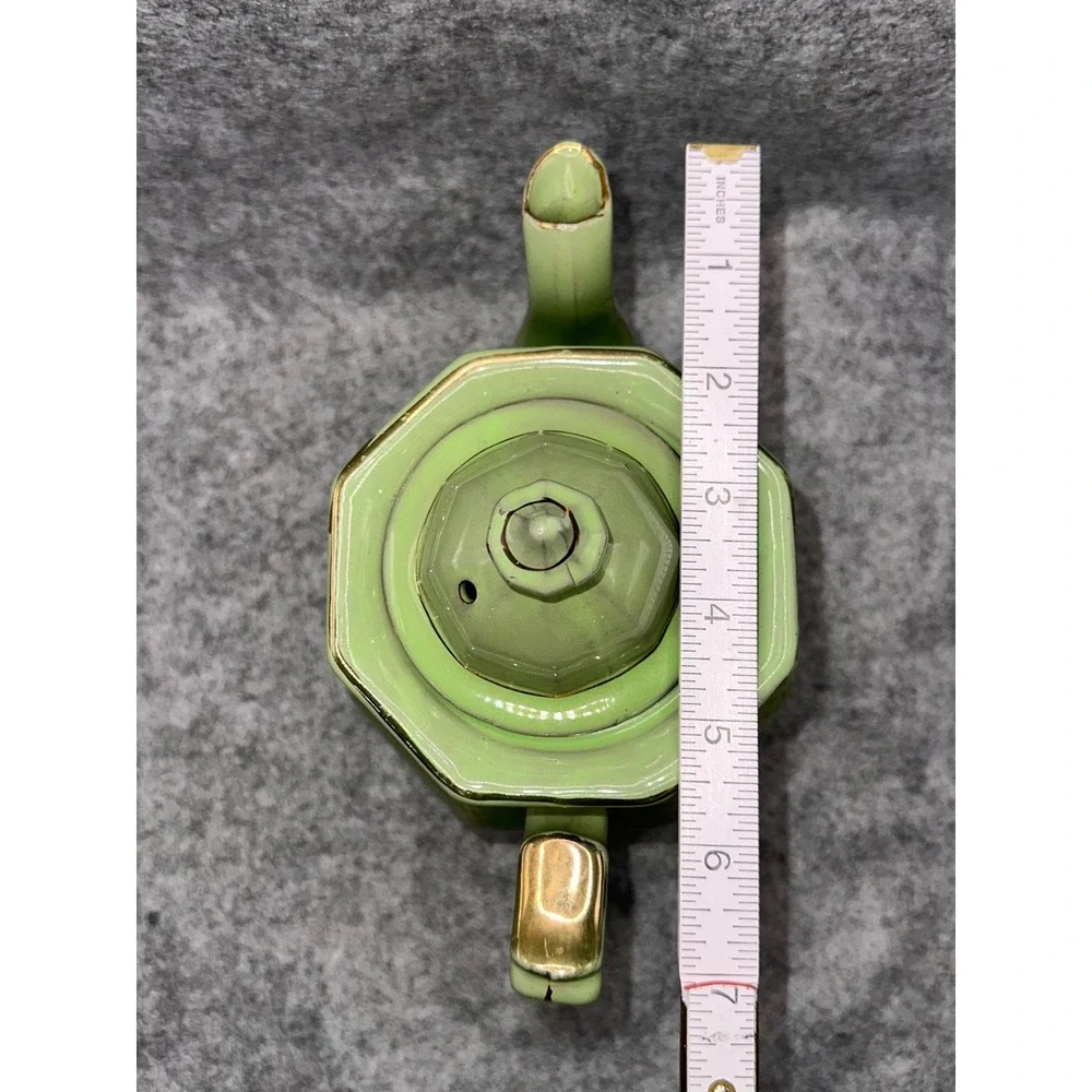 Vintage Green Octagonal Ceramic Teapot Gold Gilt Lattice Art Deco Style Lid